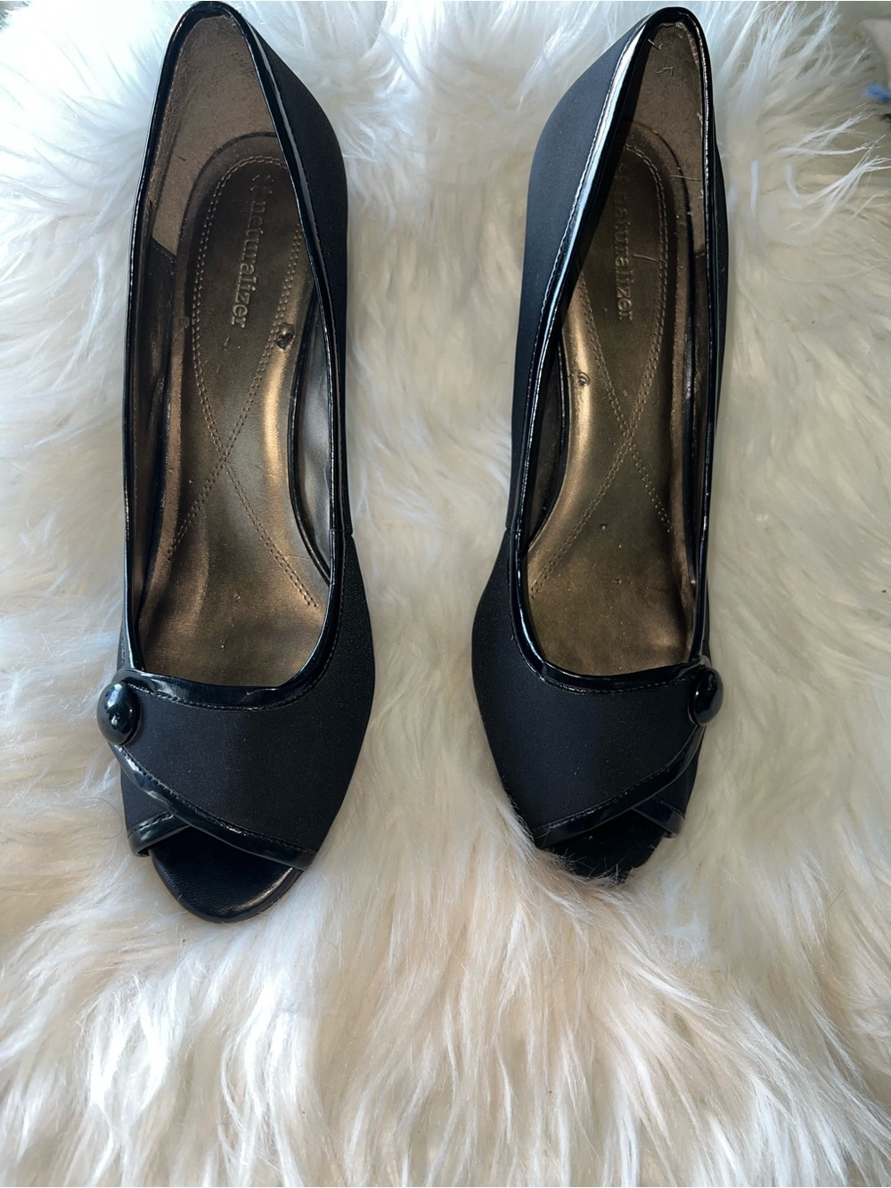 Naturalizer Black Open-Toe Heels with Button Accent